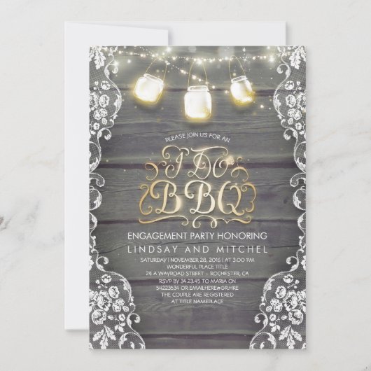 メイスン素朴ジャールライトウッド&レースI Do BBQ 招待状 (正面)