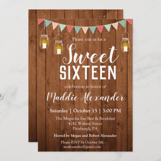 メイスン素朴ジャールライトスウィート16誕生日パーティー 招待状 (正面/裏面)