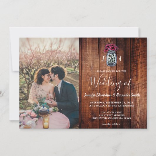 メイスン素朴ジャール納屋の木モノグラムの写真結婚の写真 招待状 (正面)