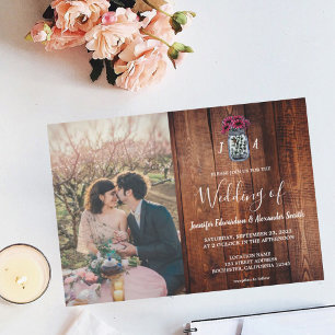 メイスン素朴ジャール納屋の木モノグラムの写真結婚の写真 招待状