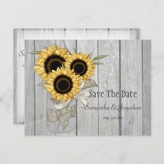 メイスン素朴ジャール黄色のヒマワリが日付を保存 案内ポストカード (正面/裏面)