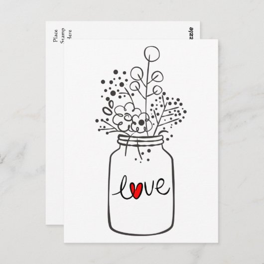 メイスン素朴ジャール黒白の愛の花 ポストカード (正面/裏面)