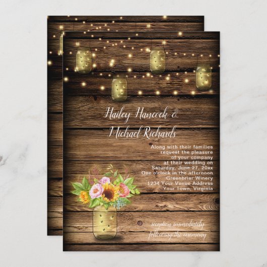 メイスン素朴ジャー蛍ひまわり糸ライト 招待状 (正面/裏面)