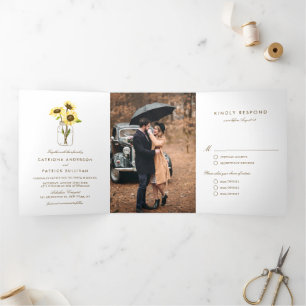 メイスン素朴ジャー・カントリー・ウェディングのひまわり 三つ折り招待状