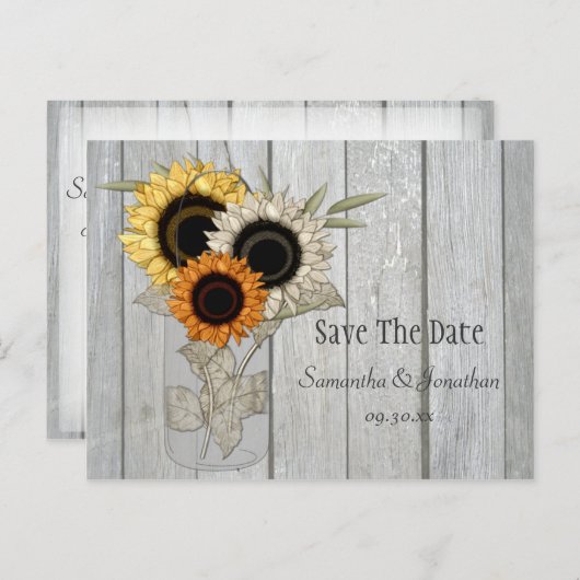 メイスン素朴ジャー・ヒマワリが日付を保存 案内ポストカード (正面/裏面)