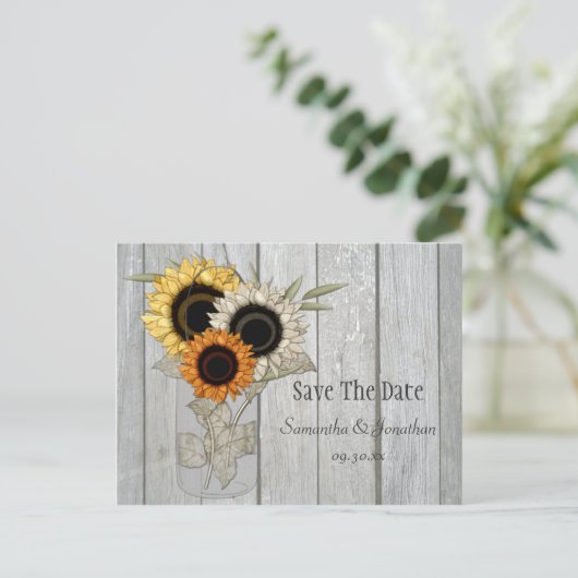 メイスン素朴ジャー・ヒマワリが日付を保存 案内ポストカード (スタンド正面)