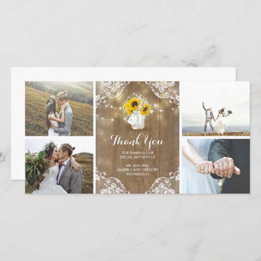 メイスン素朴・ジャー・ベビーの息とヒマワリのレース サンキューカード (正面/裏面)