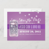 メイソンの瓶とホタルの日付を保存する紫 案内ポストカード (正面/裏面)