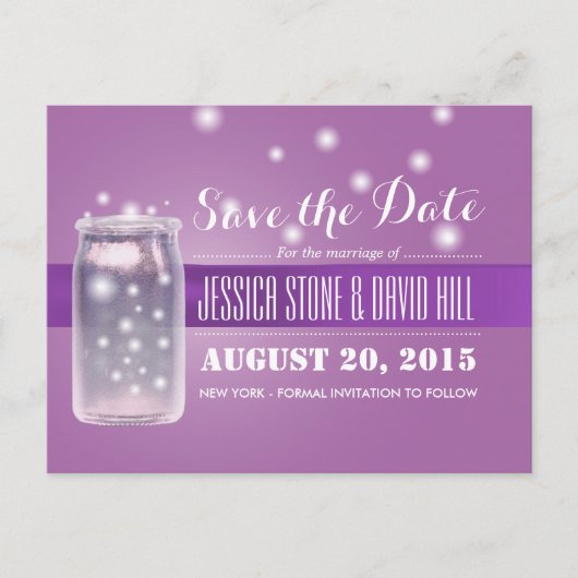 メイソンの瓶とホタルの日付を保存する紫 案内ポストカード (正面)