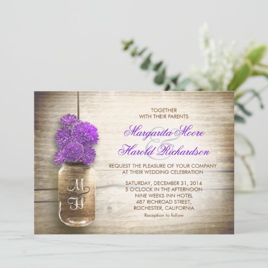 メイソンの瓶と紫の花の結婚式招待状 招待状 (スタンド正面)
