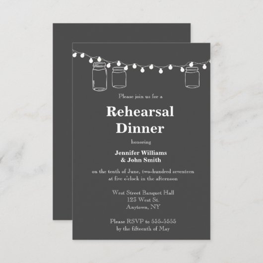 メイソンの瓶の光が夕食のリハーサル招待状 招待状 (正面/裏面)