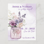 メイソンエレガント・ジャーのフローラに紫色の花結婚 案内ポストカード (正面)
