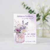 メイソンエレガント・ジャーのフローラに紫色の花結婚 案内ポストカード (スタンド正面)