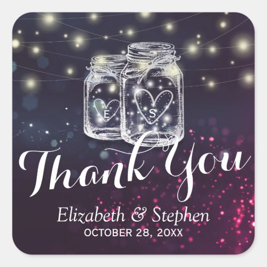 メイソンジャーとストリングライトのウェディングギフト感謝祭 スクエアシール (正面)