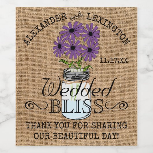 メイソンジャーとバーラップのルック素朴カントリーウェディング ワインラベル (シングルラベル)