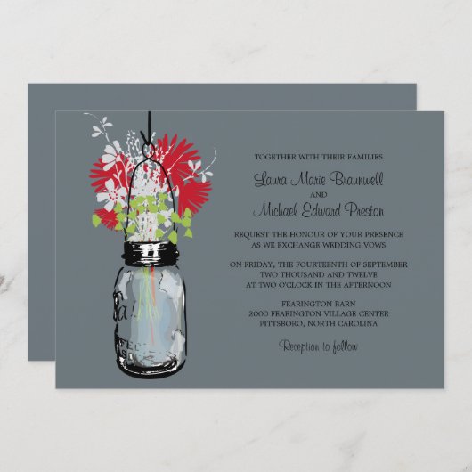 メイソンジャーとワイルドフラワーズの結婚式招待状 招待状 (正面/裏面)
