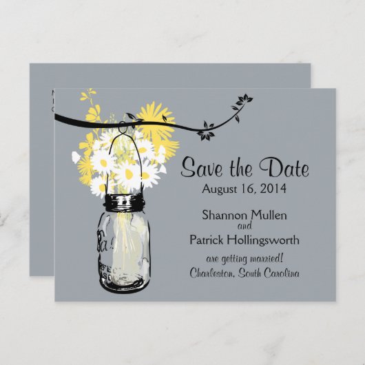 メイソンジャーとワイルドフラワーズの結婚式招待状 案内ポストカード (正面/裏面)