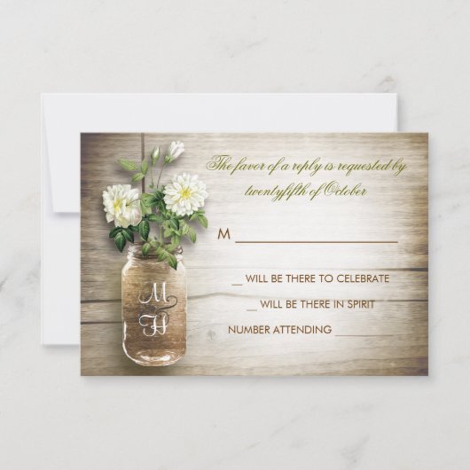 メイソンジャーと白い花の結婚式出欠確認カード 出欠カード (正面)
