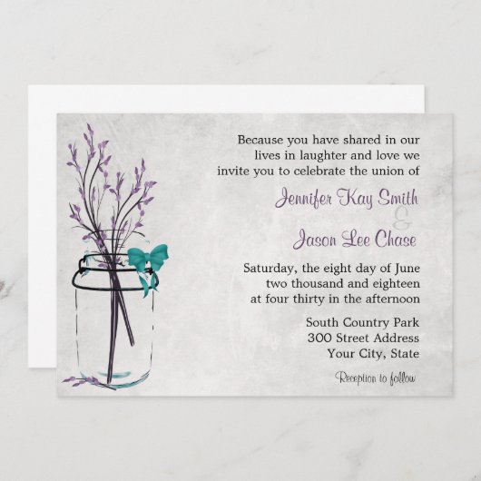 メイソンジャーと紫の枝の結婚式招待状 招待状 (正面/裏面)