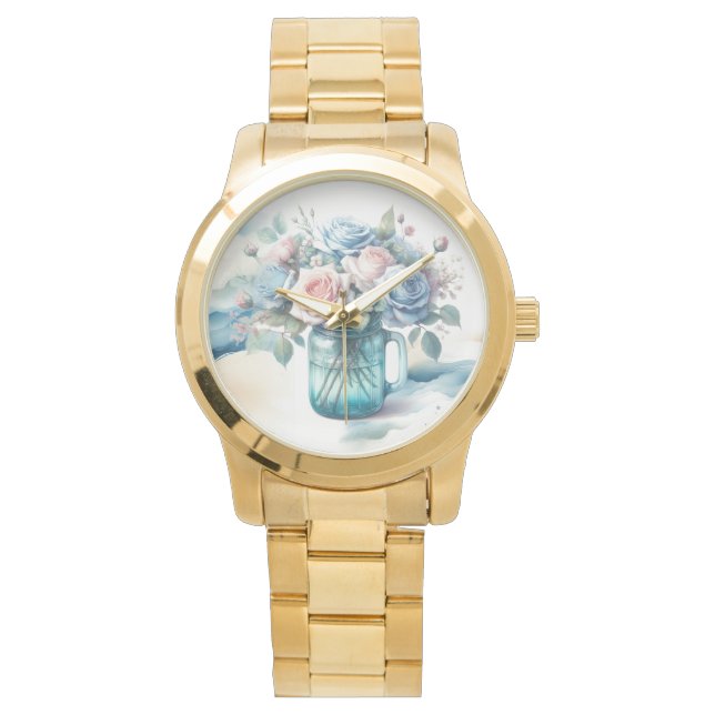 メイソンジャーに活けたバラのヴィンテージスタイル 腕時計 (正面)