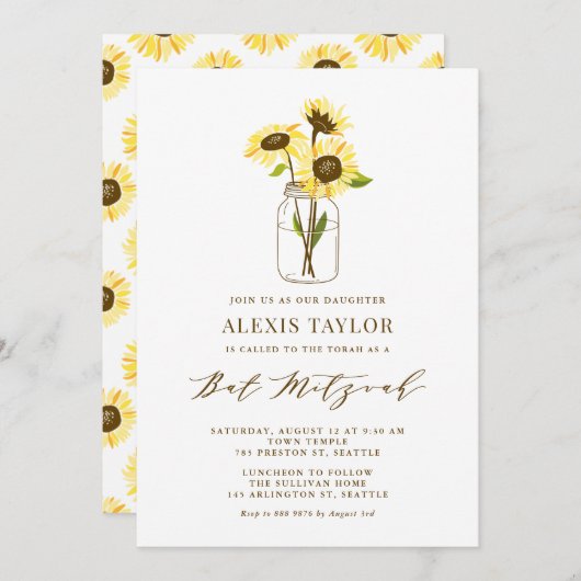 メイソンジャーに黄色いヒマワリバルミツワー 招待状 (正面/裏面)