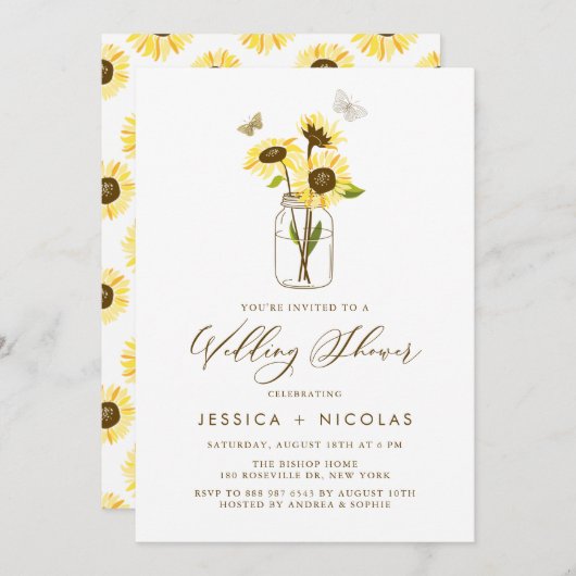 メイソンジャーウェディングシャワーの黄色のひまわり 招待状 (正面/裏面)
