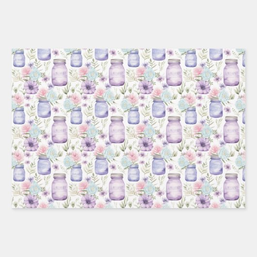 メイソンジャースパープルピンク花模様緑 ラッピングペーパーシート (正面3)