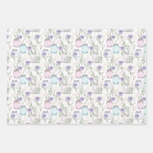 メイソンジャースパープルピンク花模様緑 ラッピングペーパーシート (正面2)