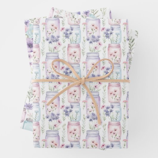 メイソンジャースパープルピンク花模様緑 ラッピングペーパーシート (インサイチュ)