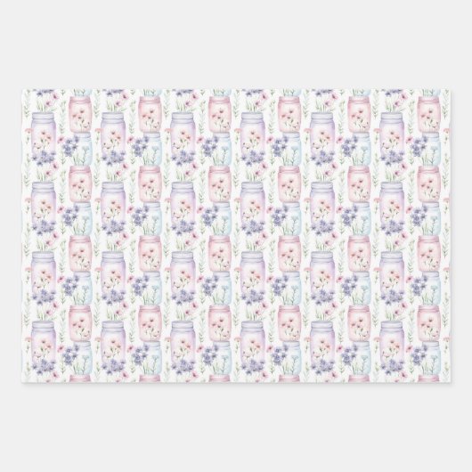 メイソンジャースパープルピンク花模様緑 ラッピングペーパーシート (正面)