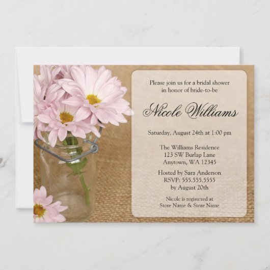 メイソンジャーバーラップソフトパープルデイジーブライダルシャワー 招待状 (正面)
