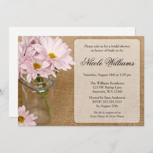 メイソンジャーバーラップソフトパープルデイジーブライダルシャワー 招待状 (正面/裏面)