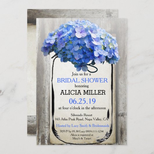 メイソンジャーバーンウッドブルーアジランジアスブライダルシャワー 招待状 (正面/裏面)