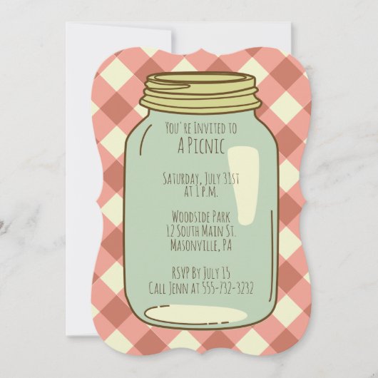 メイソンジャーピかわいらしクニックパーティー招待状ギンガム 招待状 (正面)