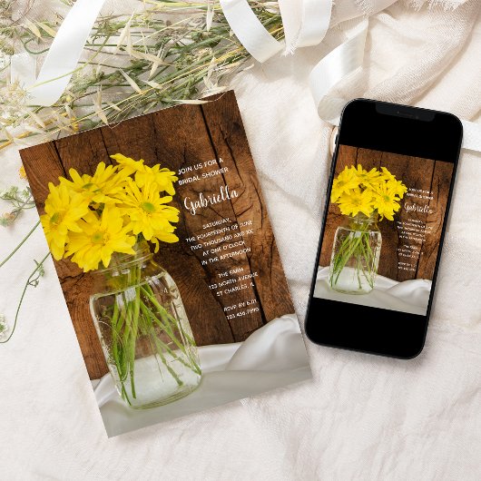 メイソンジャールとイエローデイジーズカントリーブライダルシャワー 招待状