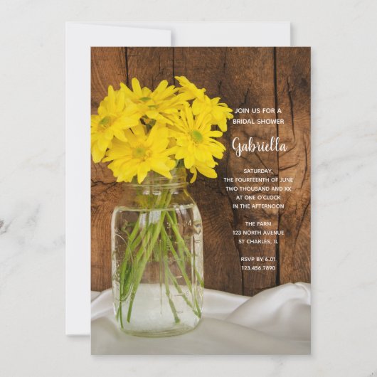 メイソンジャールとイエローデイジーズカントリーブライダルシャワー 招待状 (正面)
