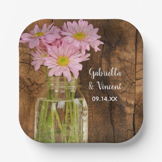 メイソンジャールとピンクデイジーズカントリー結婚ズ ペーパープレート (正面)