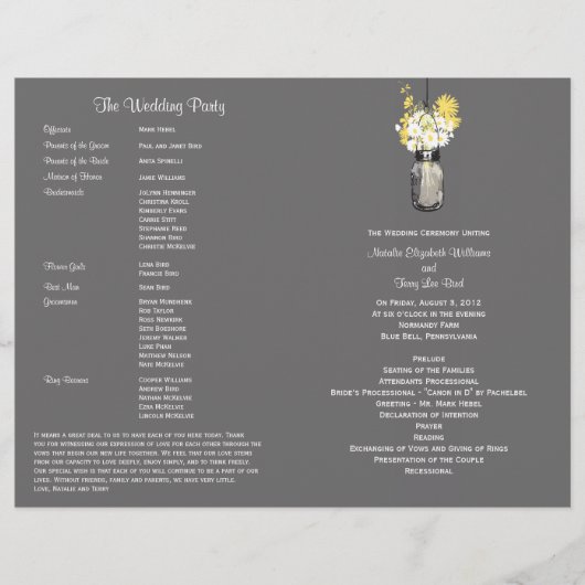 メイソンジャールとワイルドフラワー結婚式 プログラム (正面)