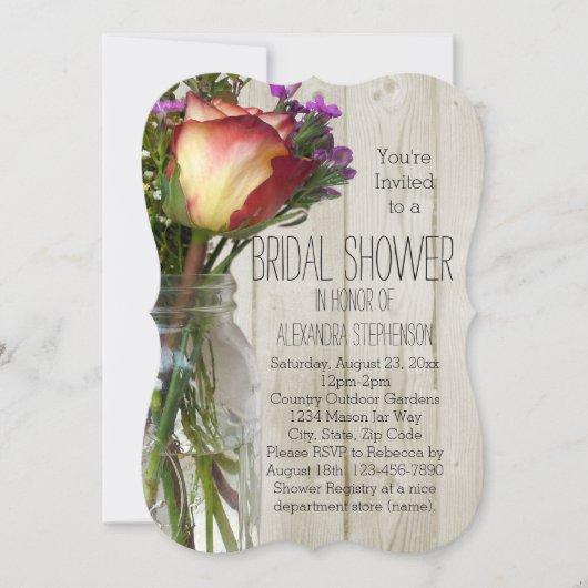 メイソンジャールフラワーズヴィンテージ素朴ブライダルシャワー 招待状 (正面)