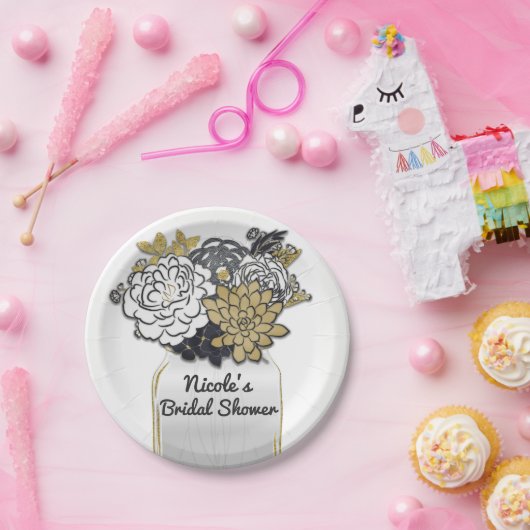 メイソンジャールフラワーズ素朴フローラグレー&金ゴールドシック ペーパープレート (パーティー)