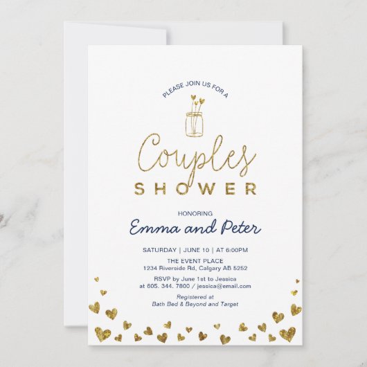 メイソンジャール金ゴールド&ネイビーカップルウェディングシャワー 招待状 (正面)