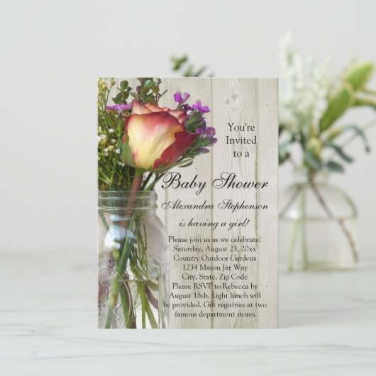 メイソンジャー付き/バラ/ワイルドフラワーガールベビーシャワー 招待状 (スタンド正面)