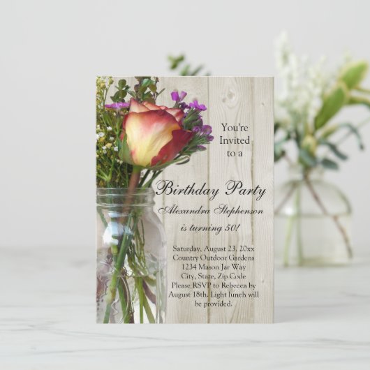 メイソンジャー付き/バラ/ワイルドフラワーバースデーパーティー 招待状 (スタンド正面)