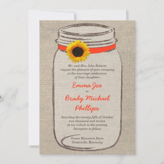 メイソンジャー&サンフラワー結婚式招待状オレンジ 招待状 (正面)