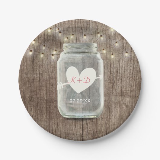 メイソンジャー&ストリングライツバ素朴ンウッド結婚ズ ペーパープレート (正面)