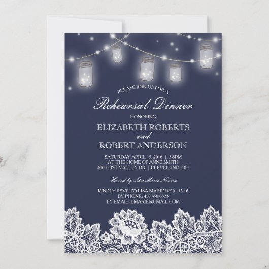 メイソンジャー ストリング ライト レース ネイビー リハーサル ディナー 招待状 (正面)