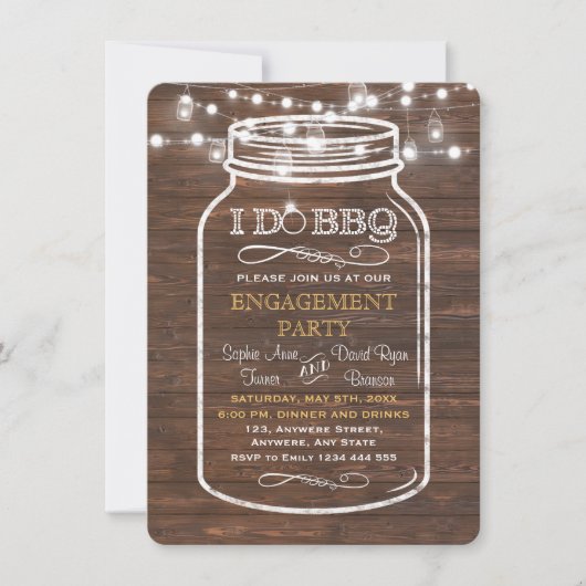 メイソンジャー ストリング ライト I DO BBQ 婚約パーティー 招待状 (正面)