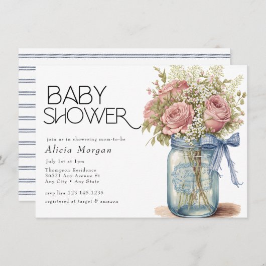 メイソンジャー |ピンクのバラの赤ちゃんシャワー 招待状 (正面/裏面)