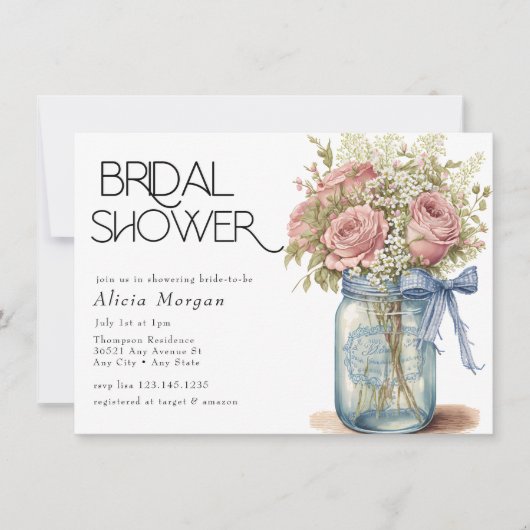 メイソンジャー |ピンクローズブライダルシャワー 招待状 (正面)