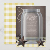 メイソンジャー　ラスティック　スター　黄色のギンガム　誕生日 招待状 (正面/裏面)